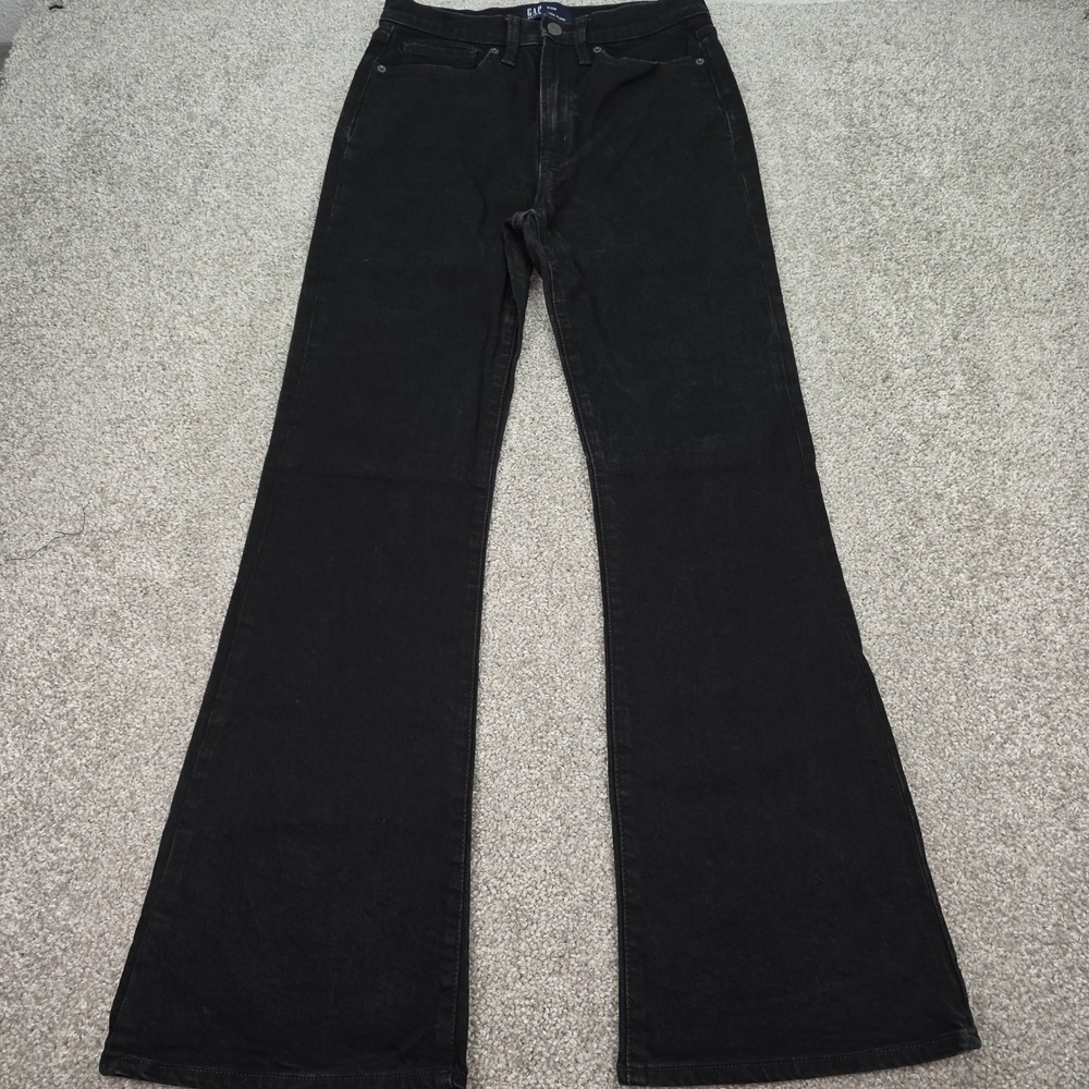 Gap Denim 70s Flare Jeans Black High Rise Stretch Womens 6/28R 31 Inseam